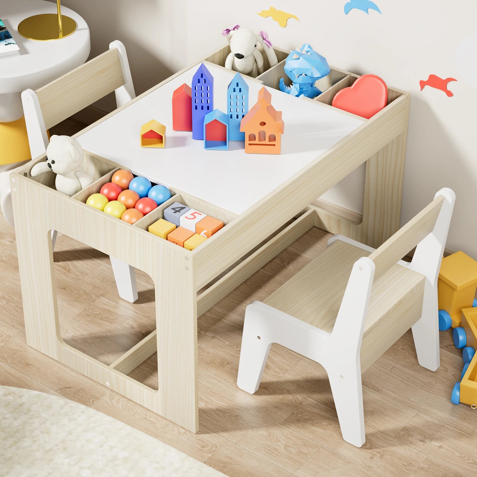 Ensemble Table 3 en 1 pour enfants, avec 2 chaises et espaces de rangement